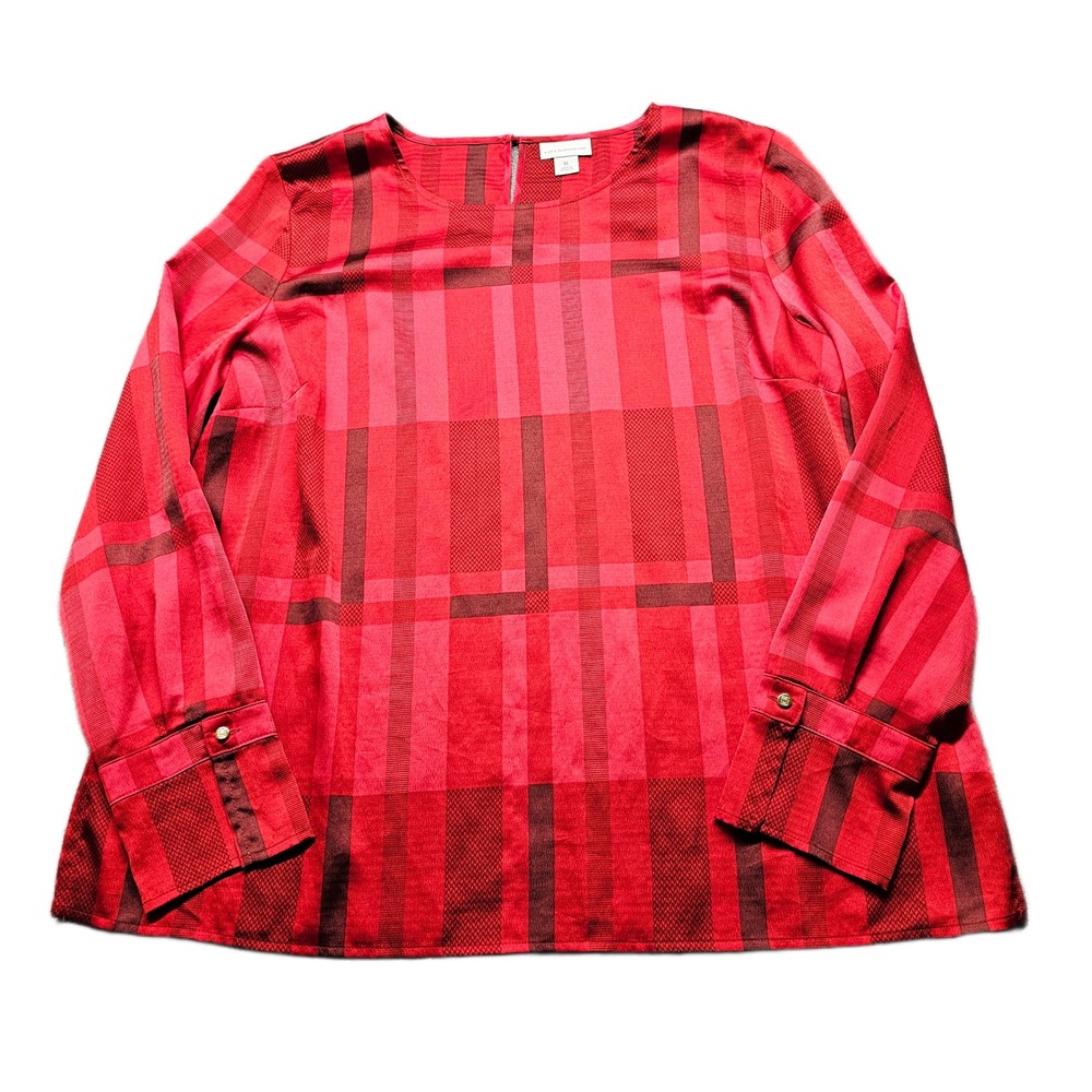 Liz Claiborne Blouse Top Womens Size XL Red Plaid Long Sleeve Crew Neck Pullover